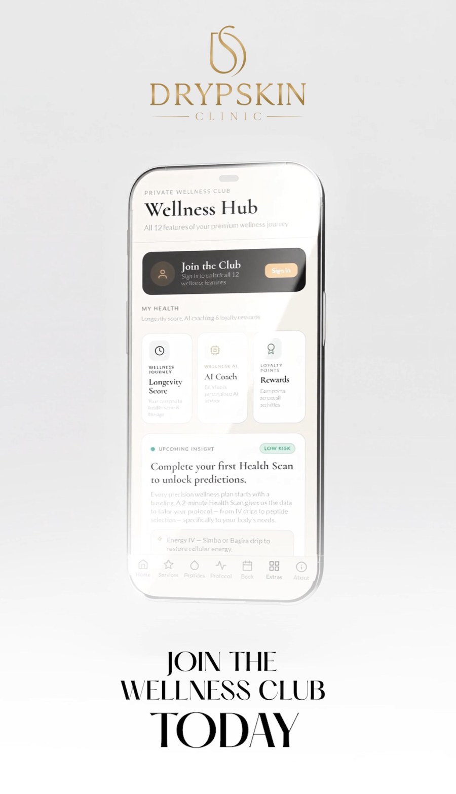 The DrypSkin app Wellness Hub screen, showing Longevity Score, AI Coach and Rewards