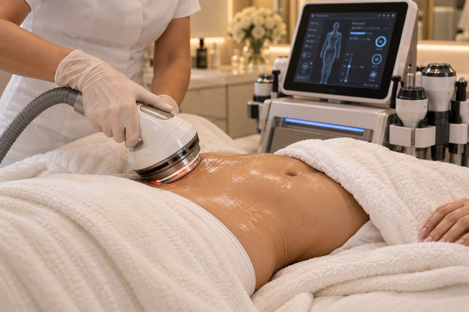 5D Lipozero body contouring treatment being administered at home in Dubai